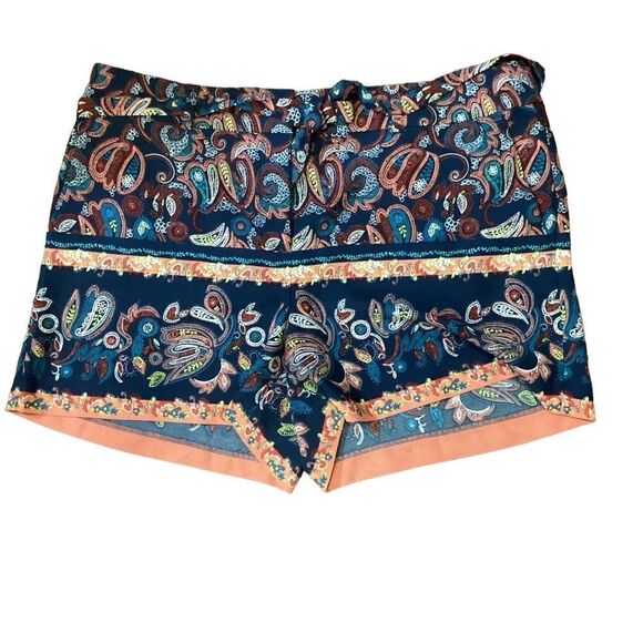 LOFT Blue Multicolor Paisley Belted Shorts Size 10 - Picture 7 of 9